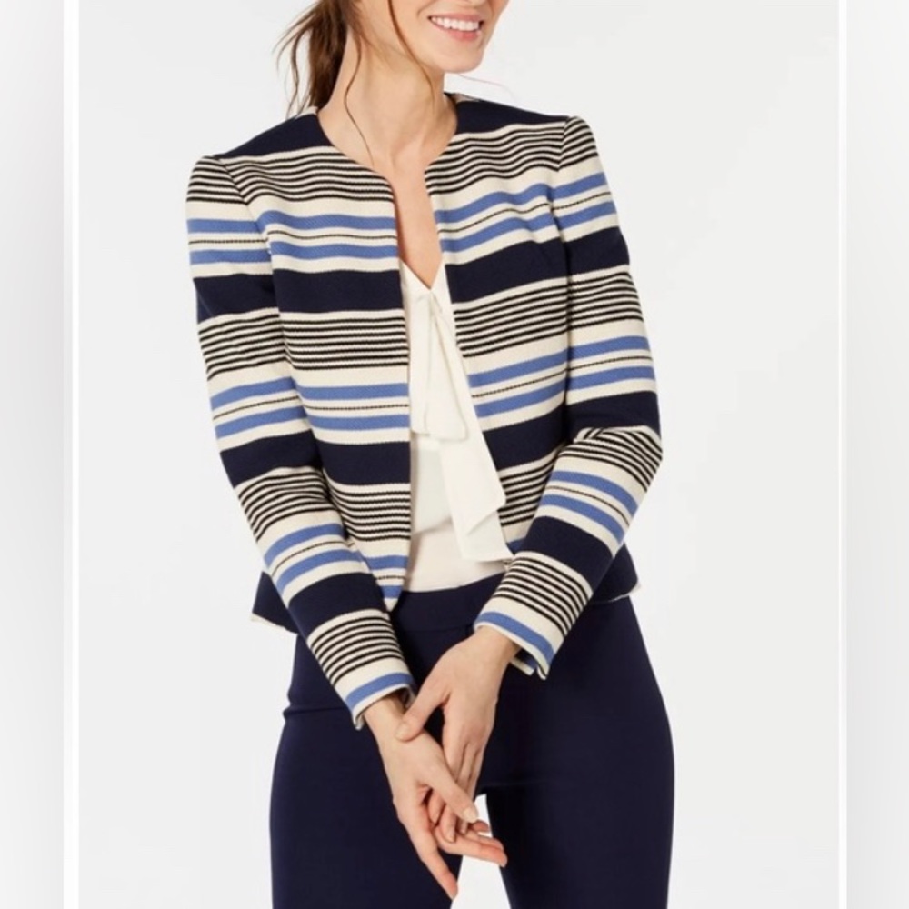 Anne Klein Blue and White Striped Collarless Tulip Cotton Blazer Jacket (6)